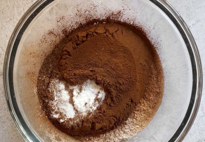 Combine flour, cocoa, baking soda, baking powder and salt.