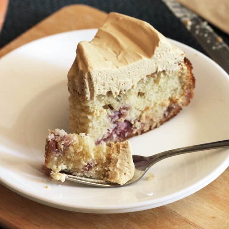 Maple Raspberry Sour Cream Coffee Cake with Caramel Cheesecake Frosting