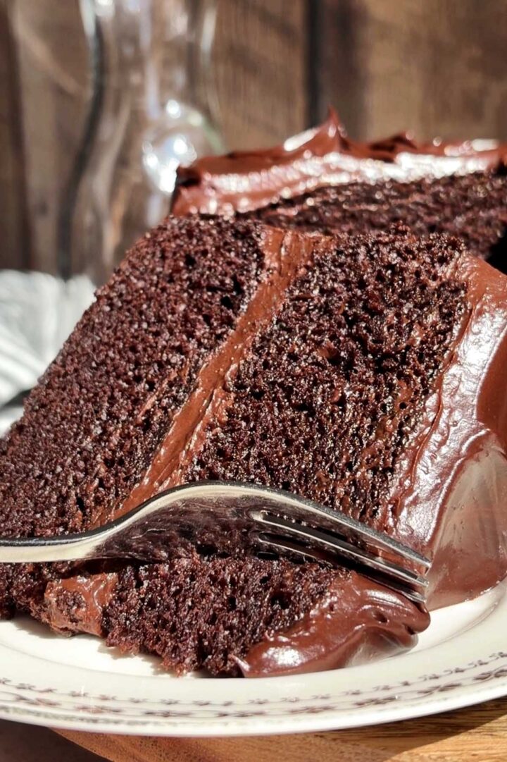 the best moist chocolate cake slice on a plate with bite