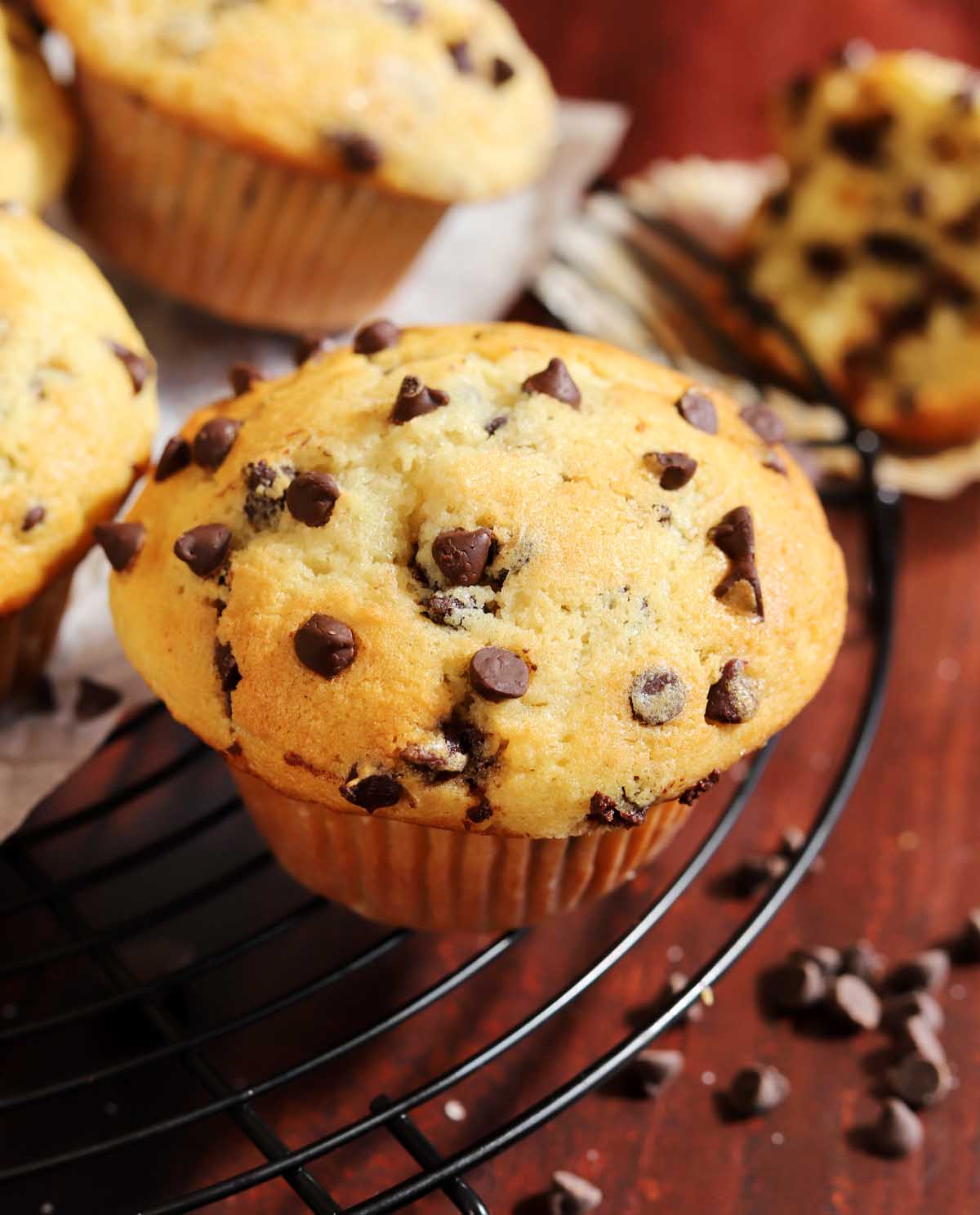 bakery-style chocolate chip muffins with big muffin top