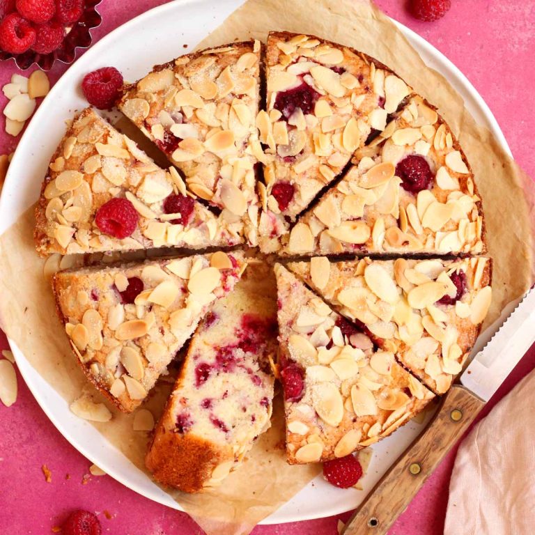 raspberry almond cake sliced