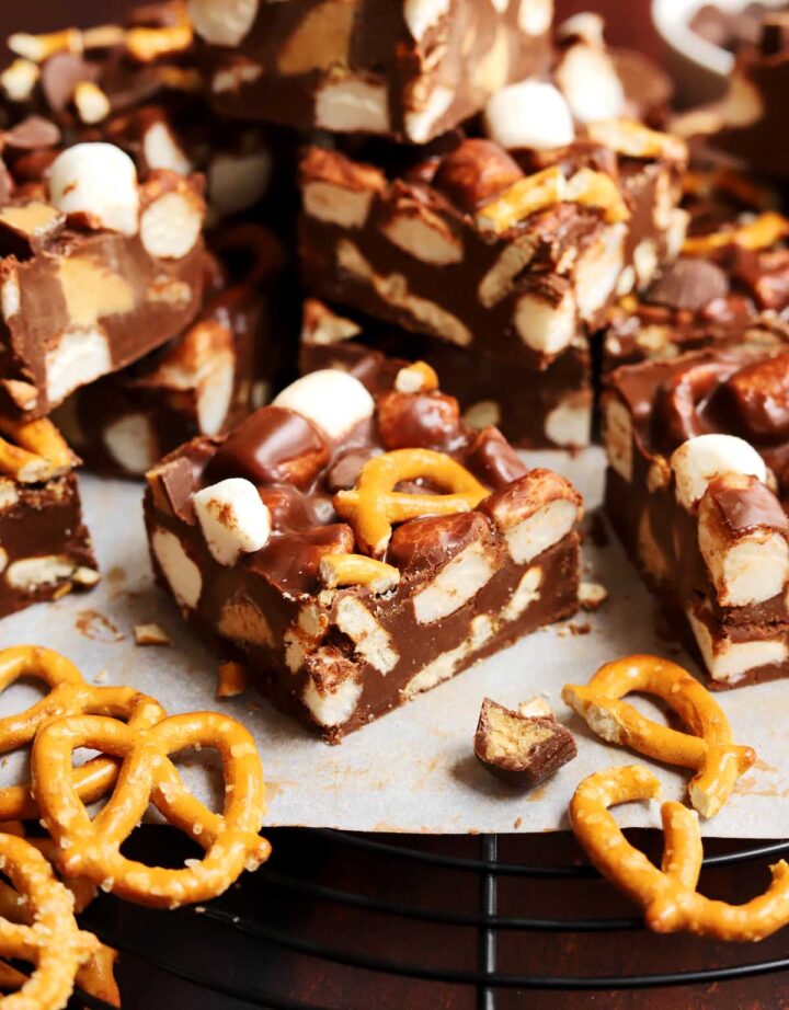 chocolate peanut butter rocky road sliced