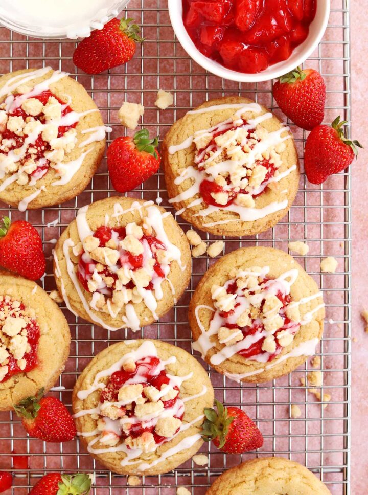 strawberry shortcake cookies on cooling rack