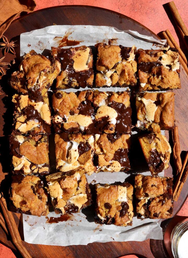 pumpkin s'mores bars sliced on board