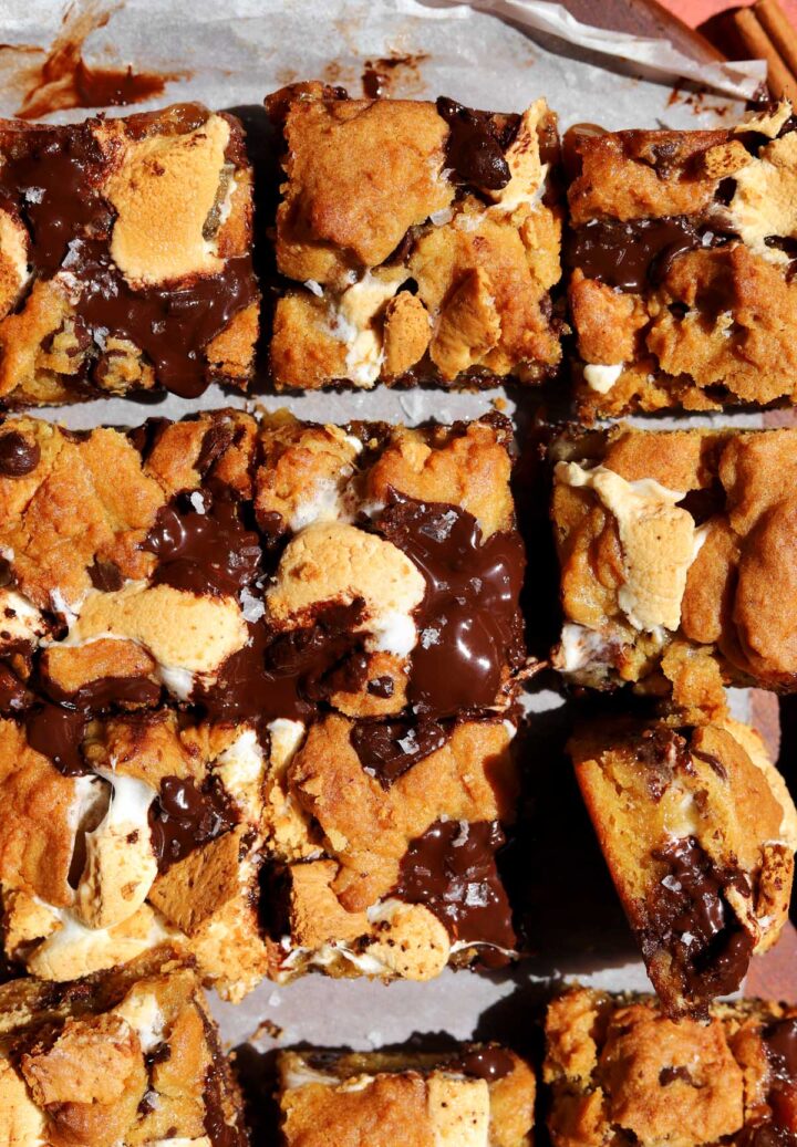 pumpkin s'mores bars sliced on board