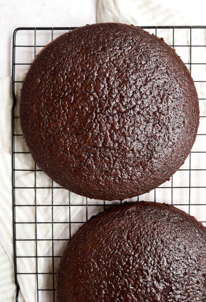top view of perfect chocolate cake layer from homemade chocolate cake mix