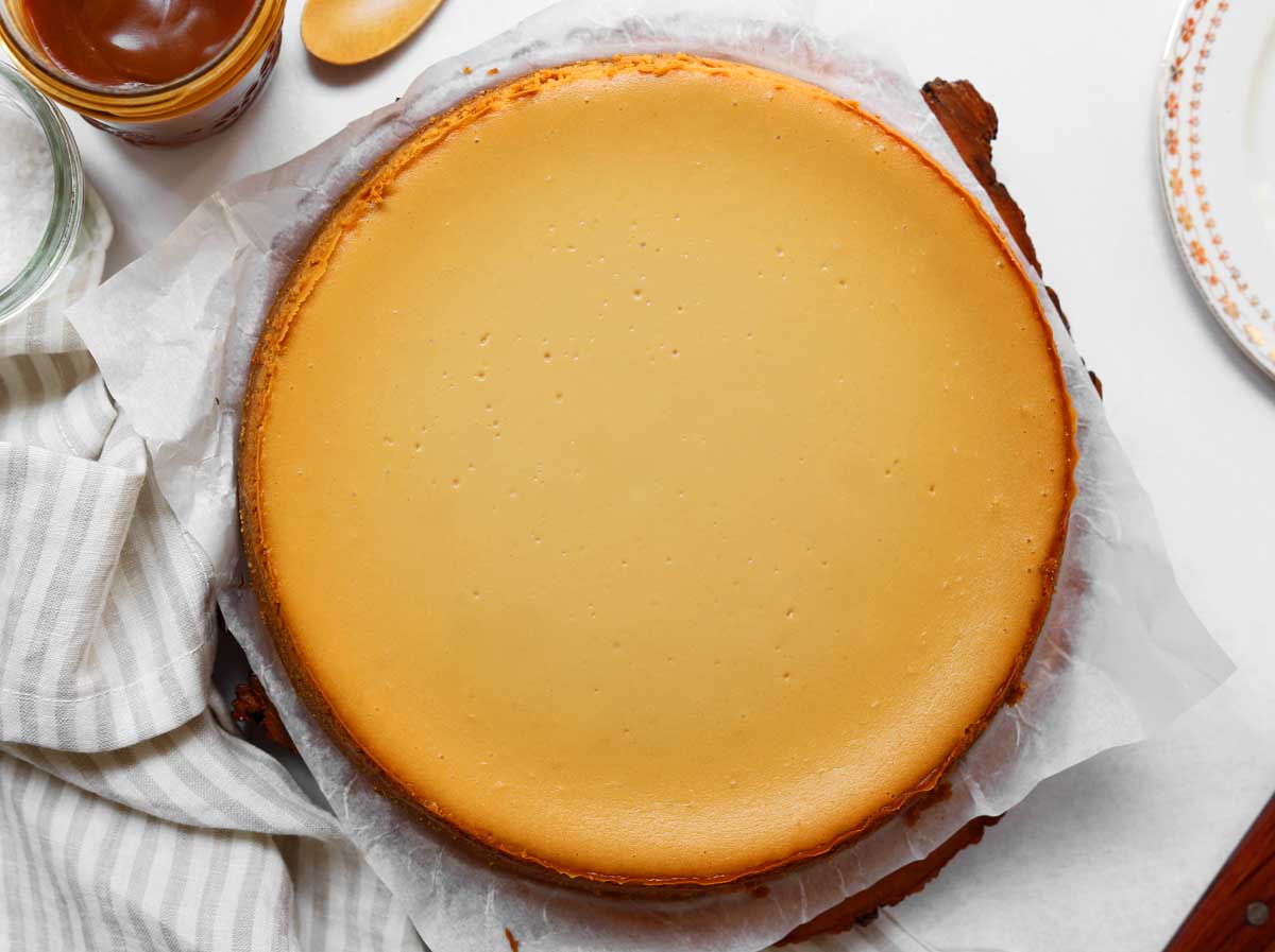 top view of salted caramel cheesecake after cooling