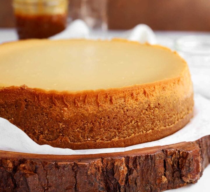 side view of salted caramel cheesecake after cooling