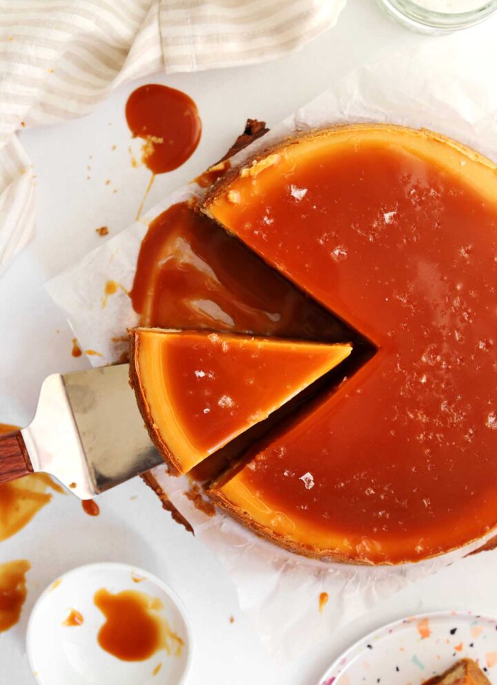 top view of sliced salted caramel cheesecake