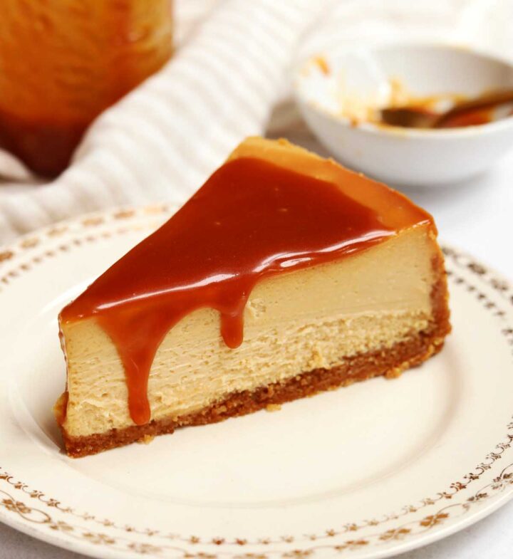 slice of salted caramel cheesecake on a plate
