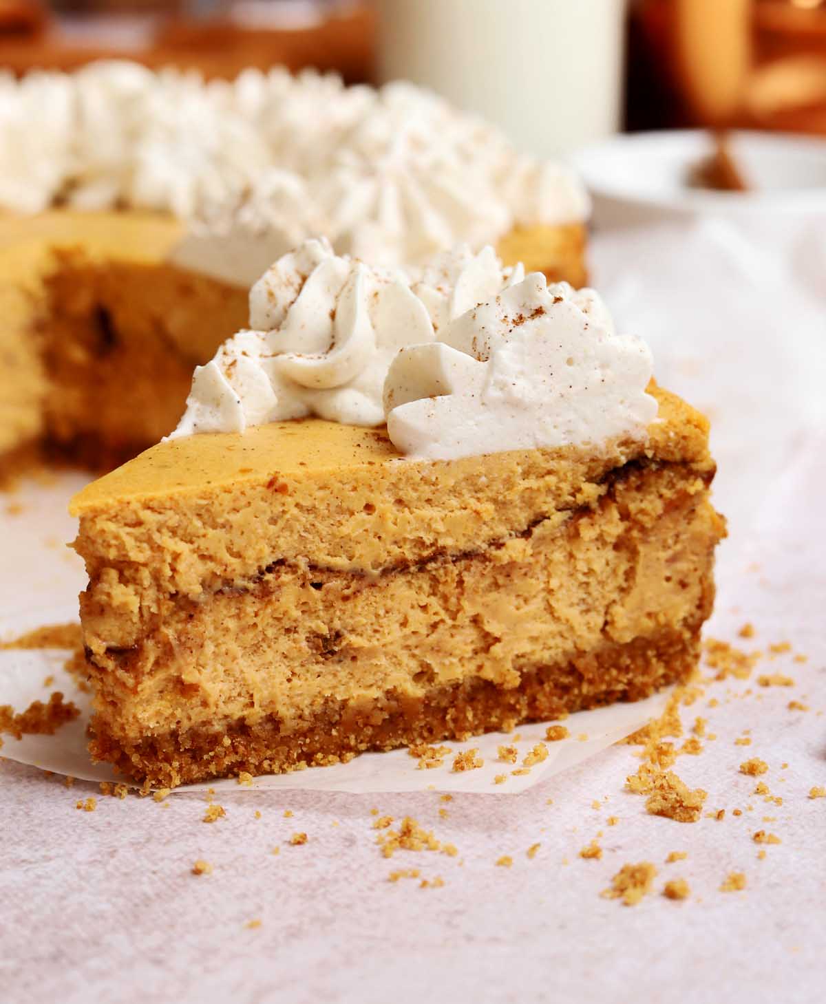 slice of cinnamon swirl pumpkin cheesecake