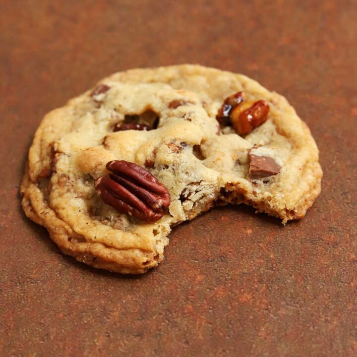 brown butter pecan praline cookie with bite