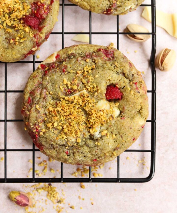 close up on white chocolate raspberry pistachio cookie