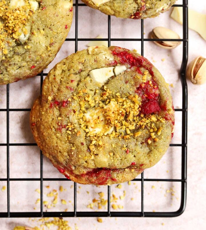 close up on white chocolate raspberry pistachio cookie
