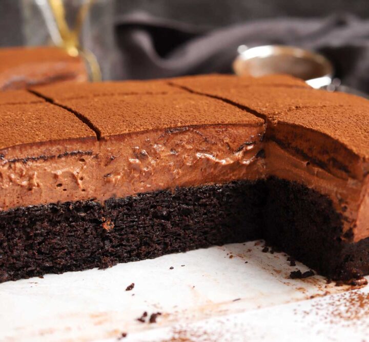 side view of chocolate mousse cake showing cross section