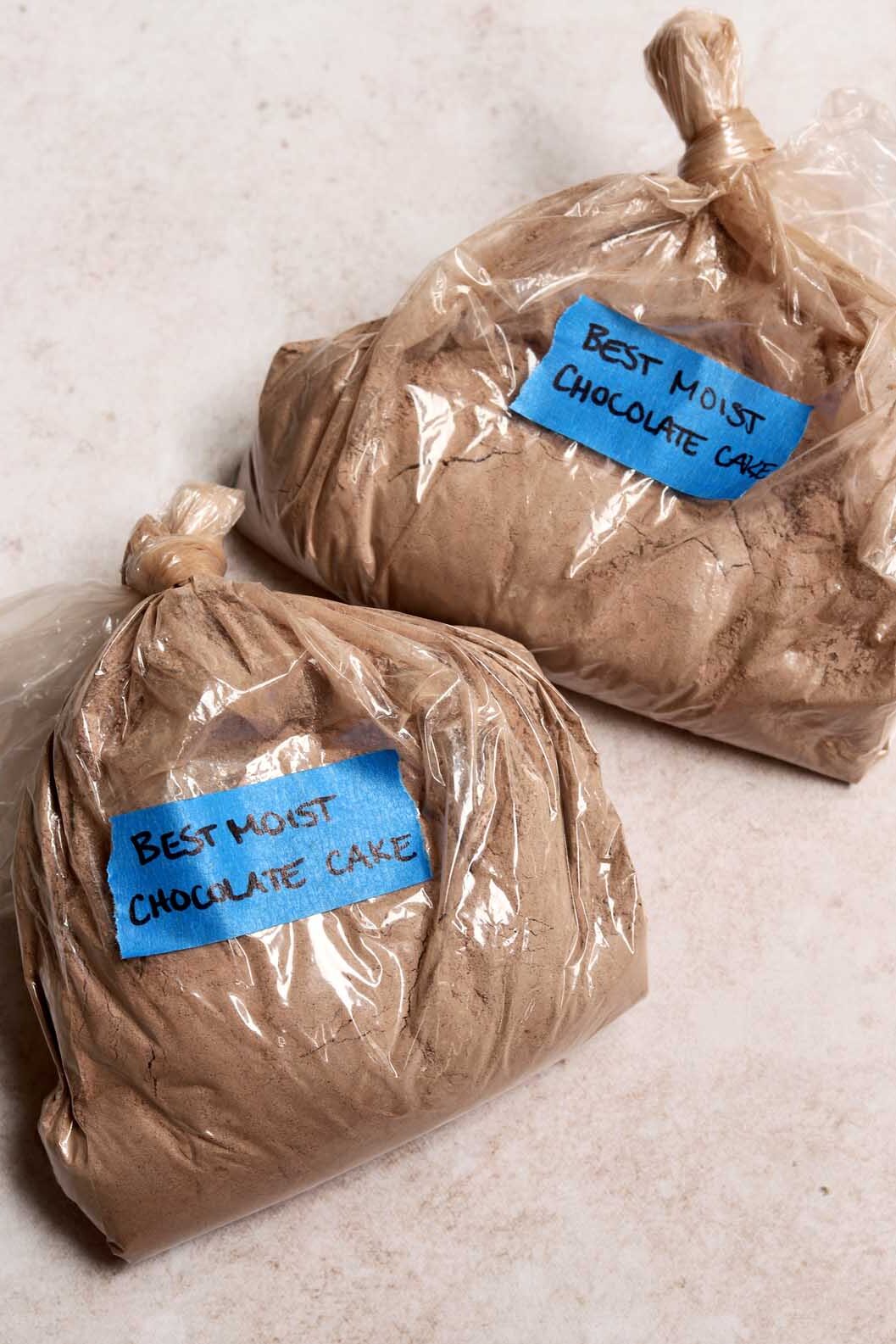 homemade chocolate cake mix in bags ready for baking