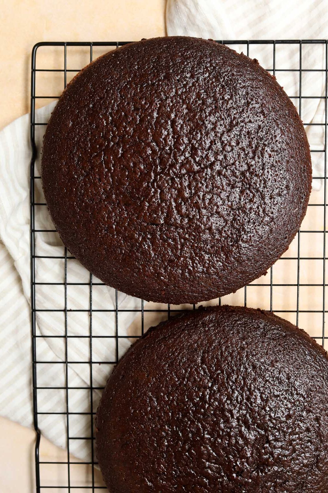 top view of perfect chocolate cake layer from homemade chocolate cake mix