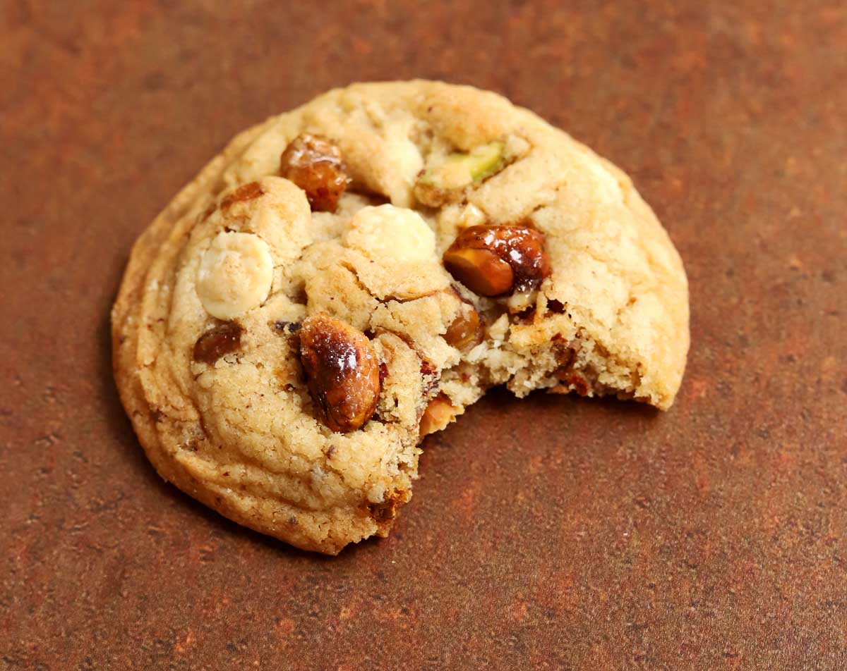 caramelized pistachio brown butter white chocolate cookie with bite