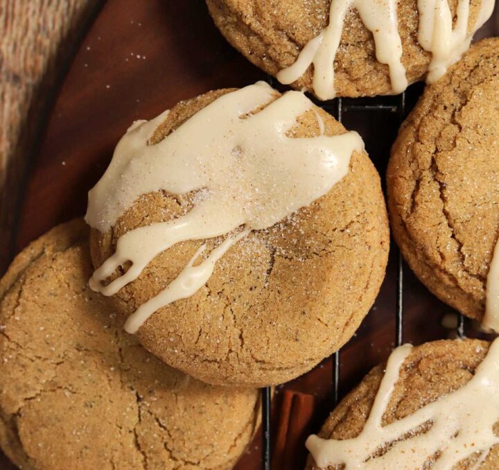 vanilla maple chai latte cookies on cooling rack with maple glaze