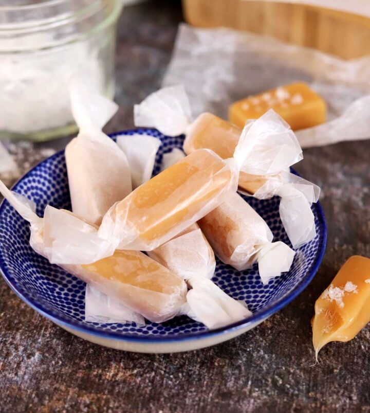 homemade buttery soft caramels individually wrapped in candy dish