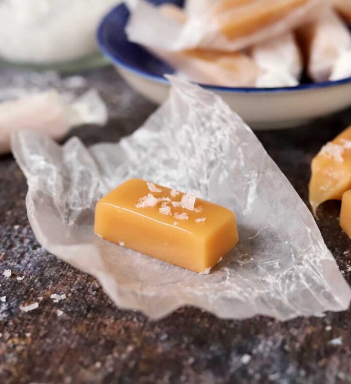 homemade buttery soft caramel in wrapping paper