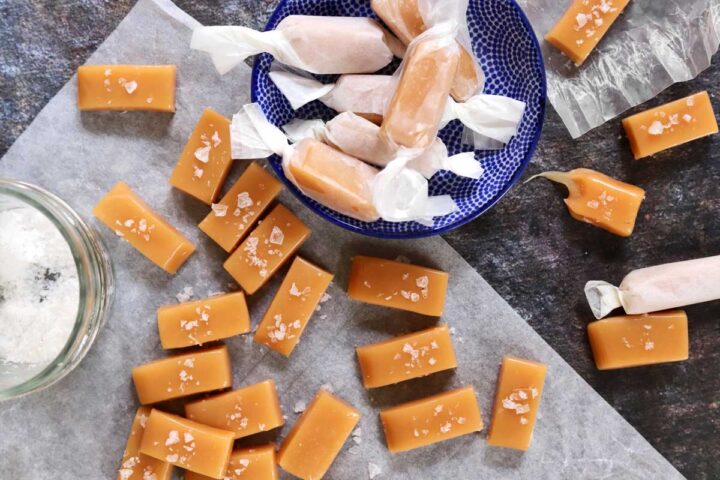homemade buttery soft caramels individually wrapped with flaky sea salt
