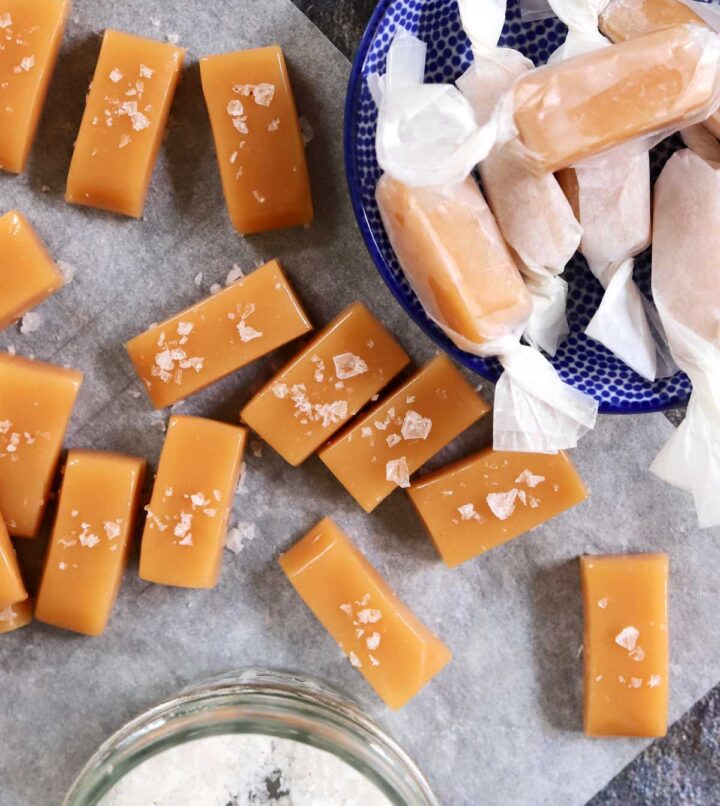homemade buttery soft caramels individually wrapped with flaky sea salt