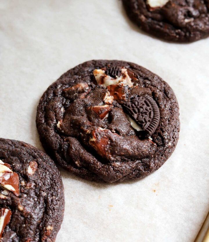 double chocolate cookies and cream cookies on baking sheet