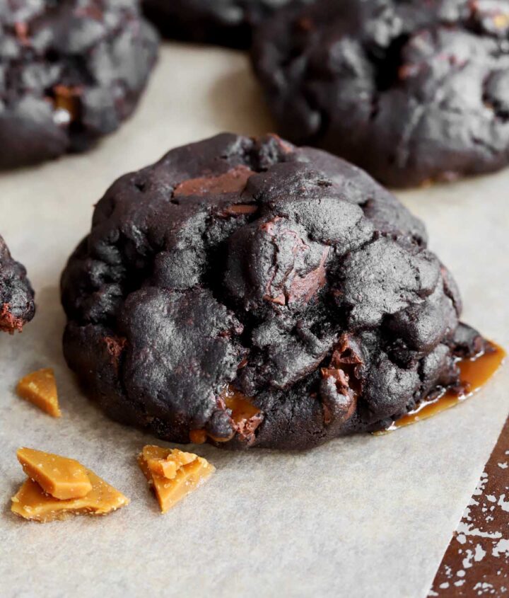 levain bakery coffee toffee cookies on a baking sheet