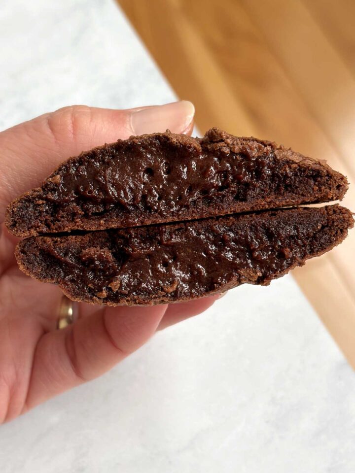 fudgy brownie cookies cross section showing gooey centers
