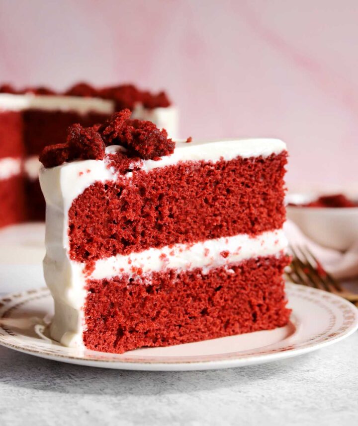 slice of red velvet cake on a plate