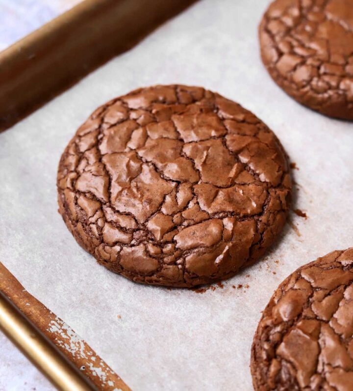 close up on classic fudgy brownie cookies with shiny crinkle top