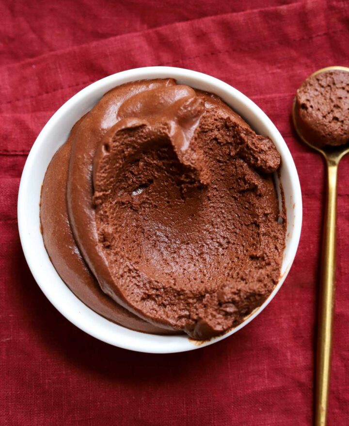 one ingredient chocolate mousse in serving bowl with spoon