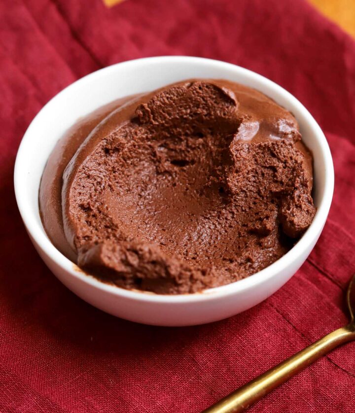 one ingredient chocolate mousse in serving bowl with spoon