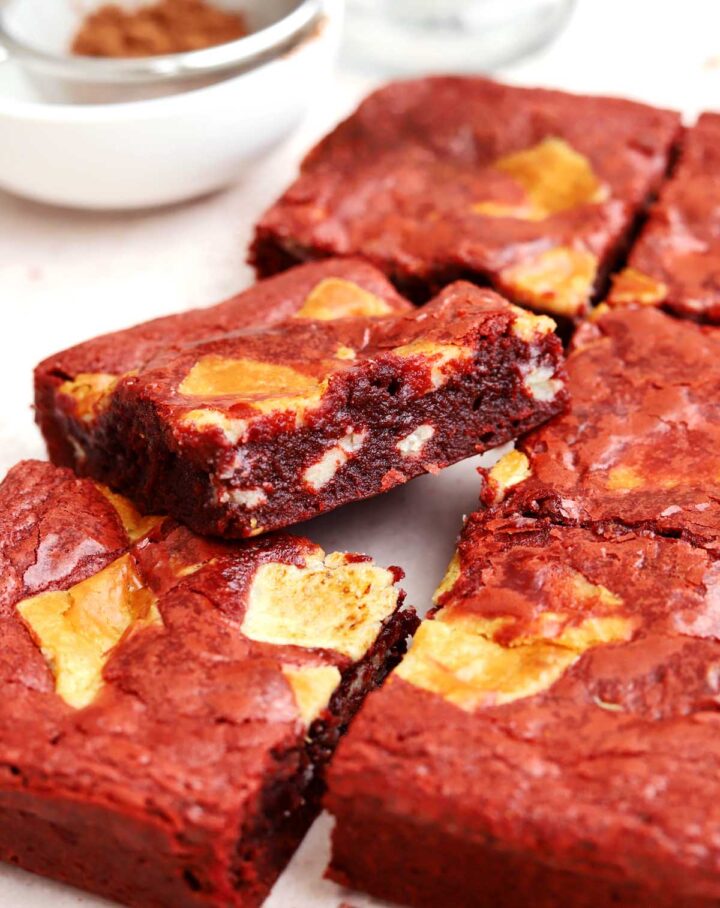 red velvet brownie slice showing cross section