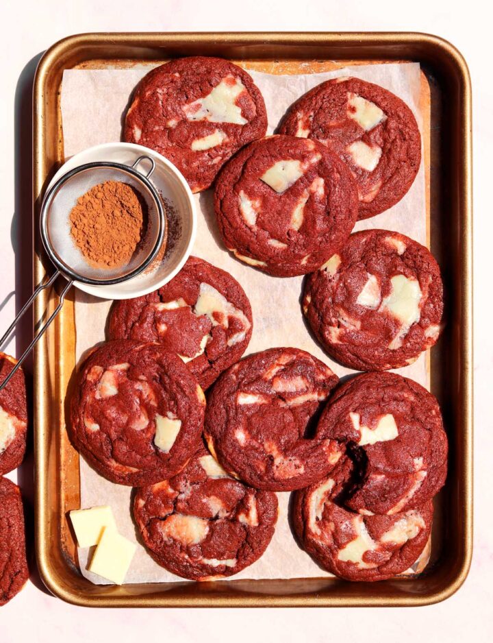 red velvet cookies on baking sheet