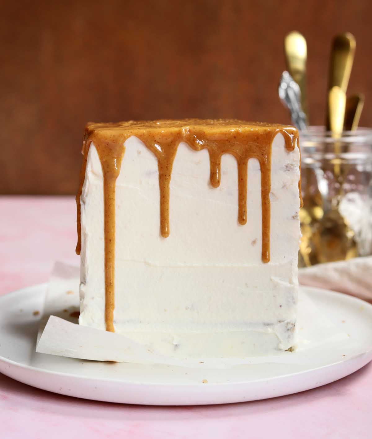 baby smash cake with sugar free frosting, peanut butter drip