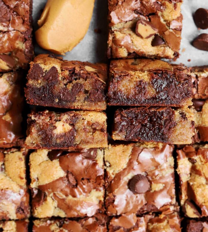 peanut butter brookies sliced showing fudgy texture