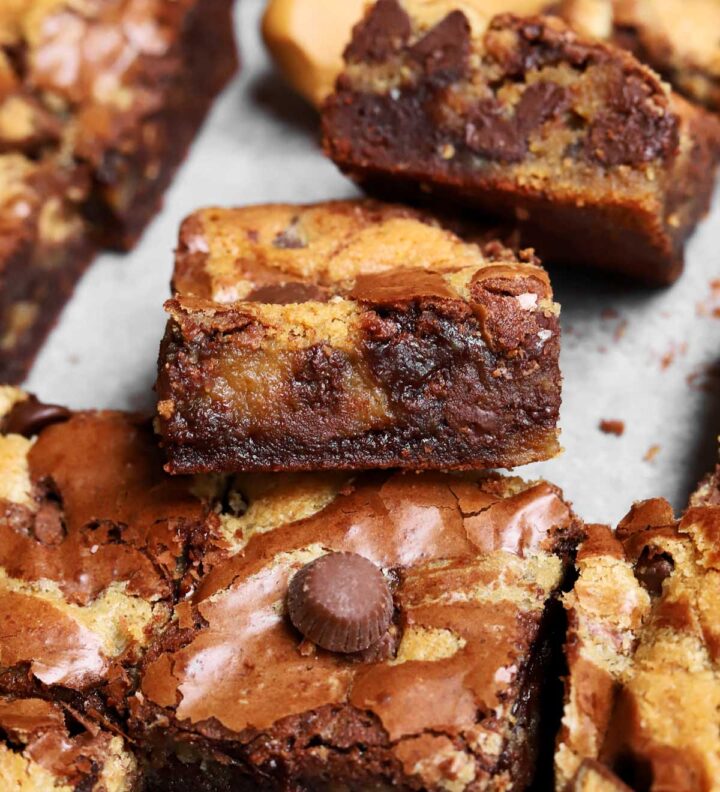 angle view of peanut butter brookies showing fudgy texture