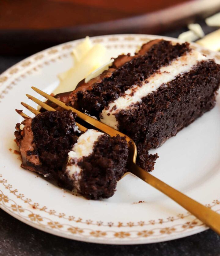tuxedo cake slice on a plate with fork