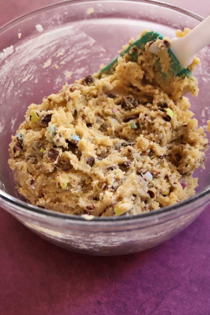mini egg sugar cookie dough in mixing bowl