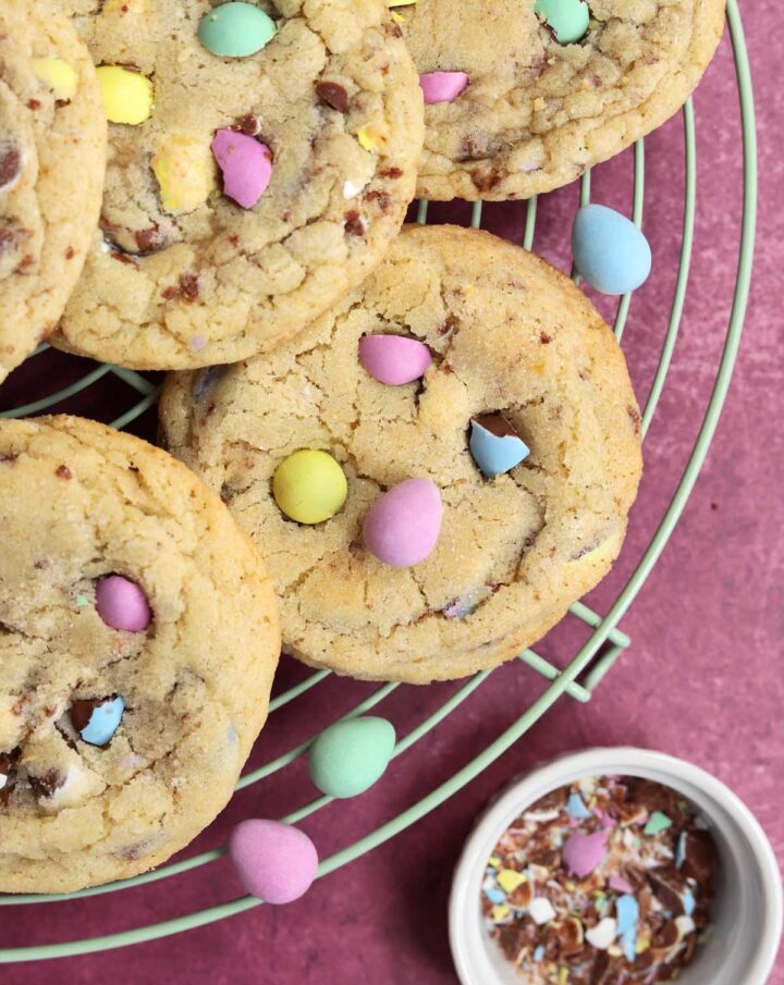 mini egg sugar cookies on wire cooling rack
