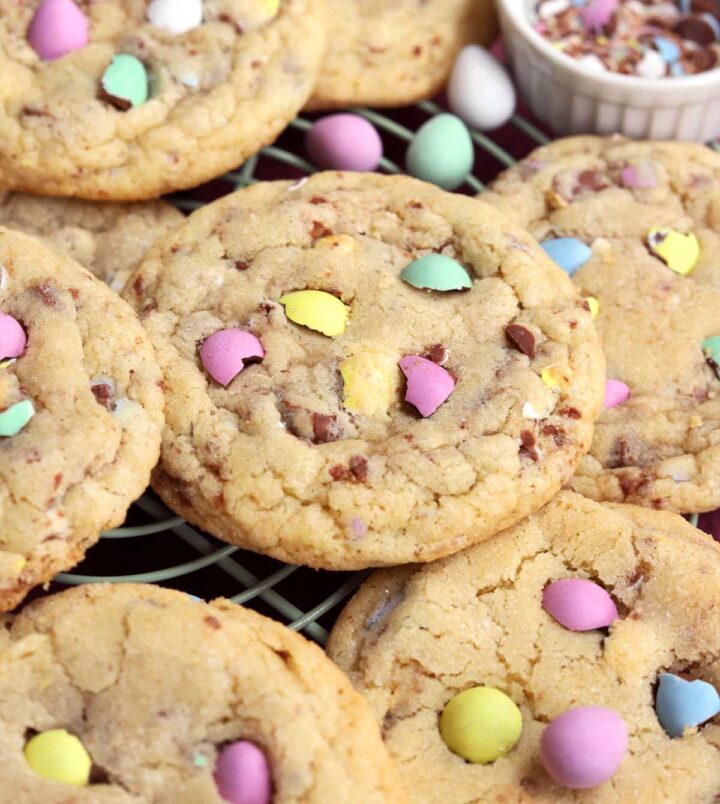 mini egg sugar cookies on cooling rack