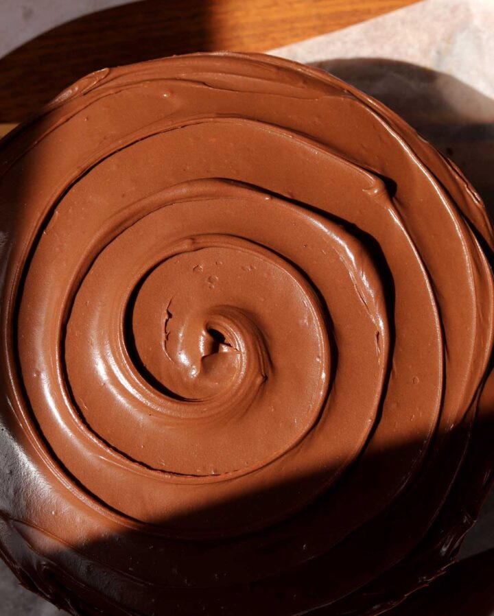 top view of milk chocolate cake with milk chocolate frosting