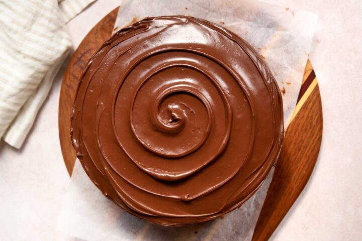 top view of milk chocolate cake with milk chocolate frosting
