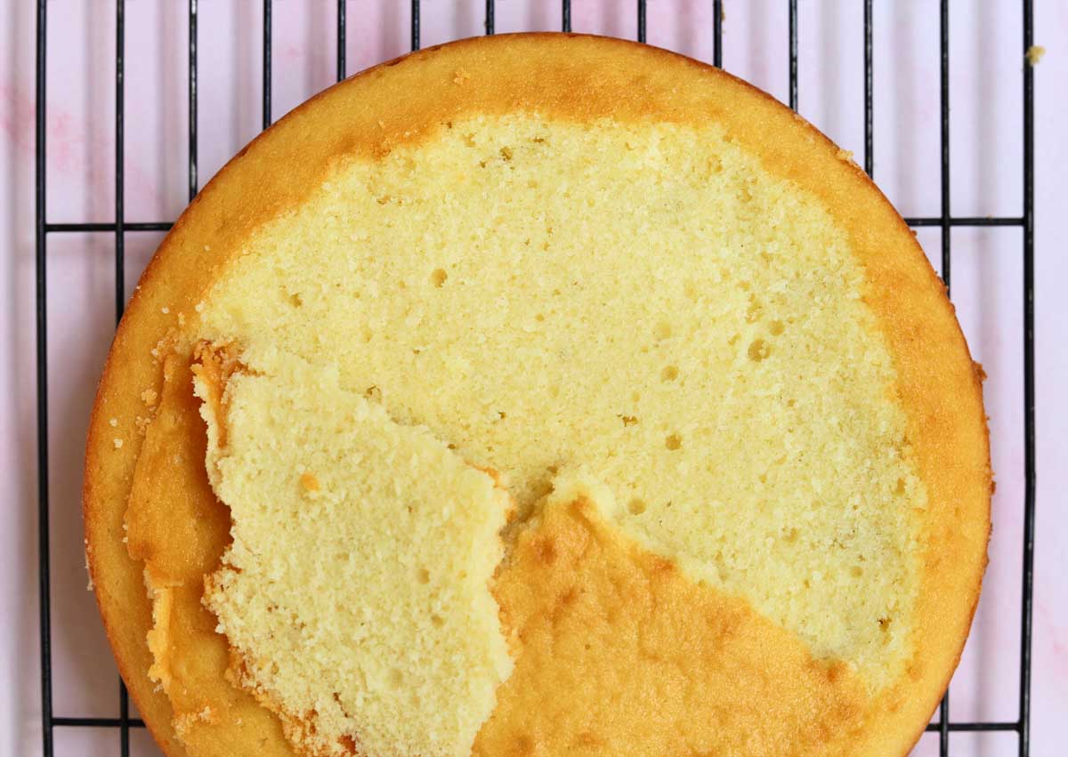 classic vanilla birthday cake layer trimmed on wire rack showing soft crumb texture