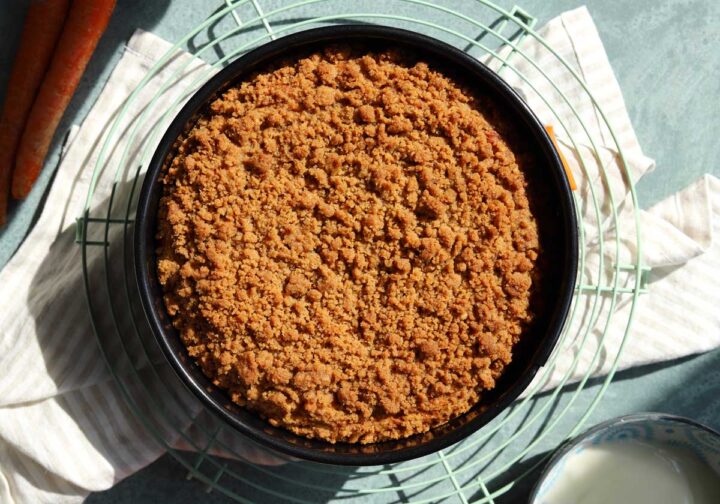 top view of carrot cake coffee cake in baking pan