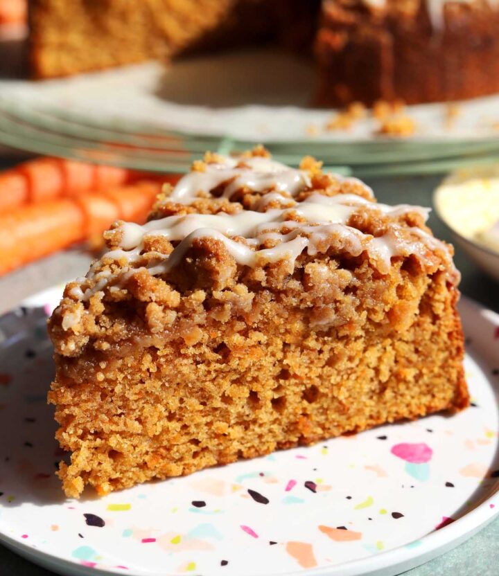 carrot cake coffee cake slice on a plate