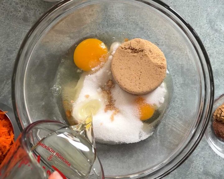 Combine eggs, sugars, and oil in a large mixing bowl.