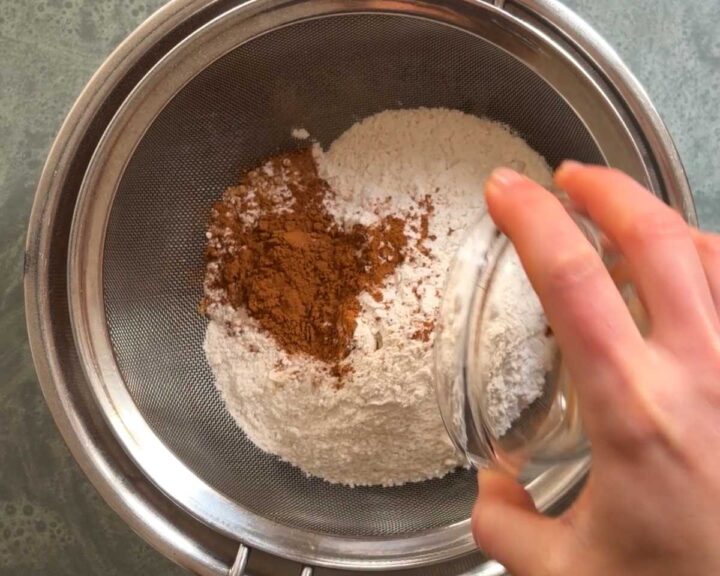 Sift dry ingredients and fold them into the wet ingredients.